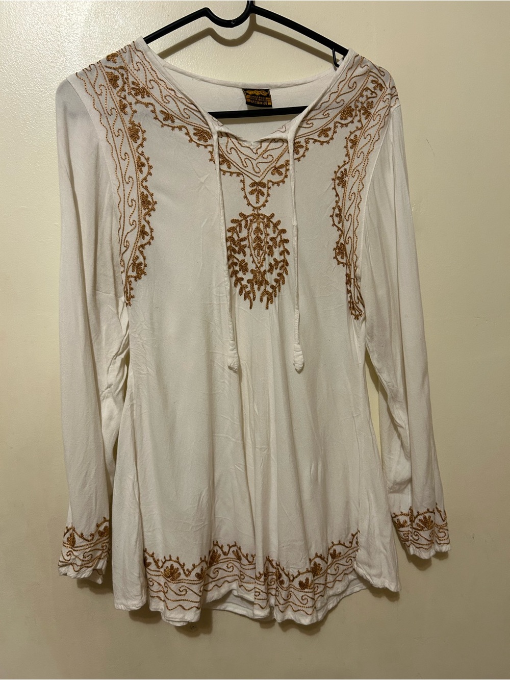 Greta Embroidered Boho  Hippie Gypsy Tunic Top - Cream Tan Stitching Sz One Size